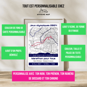 Affiche carte du marathon pour tous JO 2024 Paris