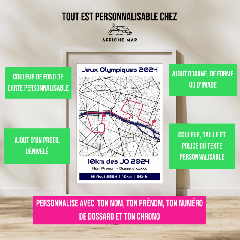AFSRU0002 - Cadre + personnalisation - JO Paris 2024 10km Affiche carte 10km pour tous JO 2024 Paris