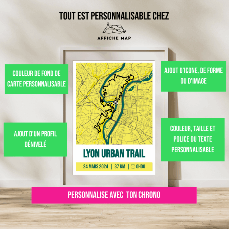 AFSTR0002 - Cadre + personnalisation - lyon urban trail 37km 2024 Affiche carte Lyon urban trail 37km 2024