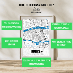 AFVI0001 - Cadre + personnalisation - Tours Affiche carte de la ville de Tours