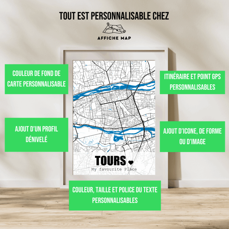 AFVI0001 - Cadre + personnalisation - Tours Affiche carte de la ville de Tours