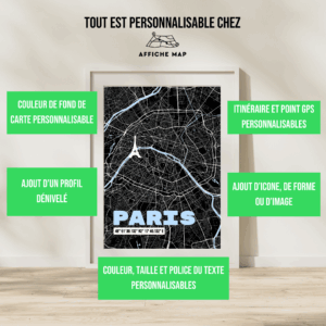 AFVI0004 - Cadre + personnalisation - Paris Tour Eiffel Affiche carte de la ville de Paris Tour Eiffel
