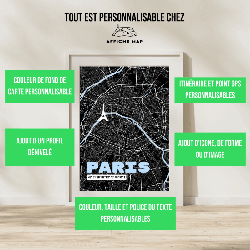 AFVI0004 - Cadre + personnalisation - Paris Tour Eiffel Affiche carte de la ville de Paris Tour Eiffel