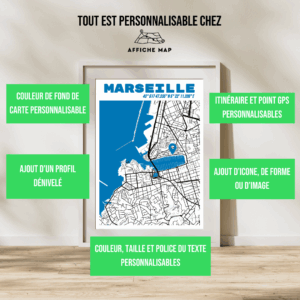 AFVI0005 - Cadre + personnalisation - Marseille Affiche carte de la ville de Marseille