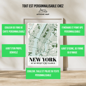 AFVI0008 - Cadre + personnalisation - New York Affiche carte de la ville de New York