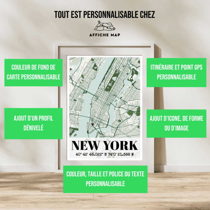 AFVI0008 - Cadre + personnalisation - New York Affiche carte de la ville de New York