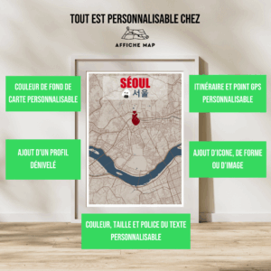 AFVI0009 - Cadre + personnalisation - Séoul Affiche carte de la ville de Séoul