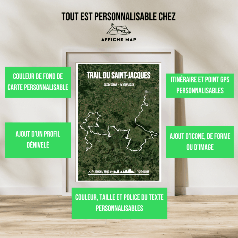 AFSTR0006a - Cadre + personnalisation Affiche carte trail saint jacques - Ultra trail 130km