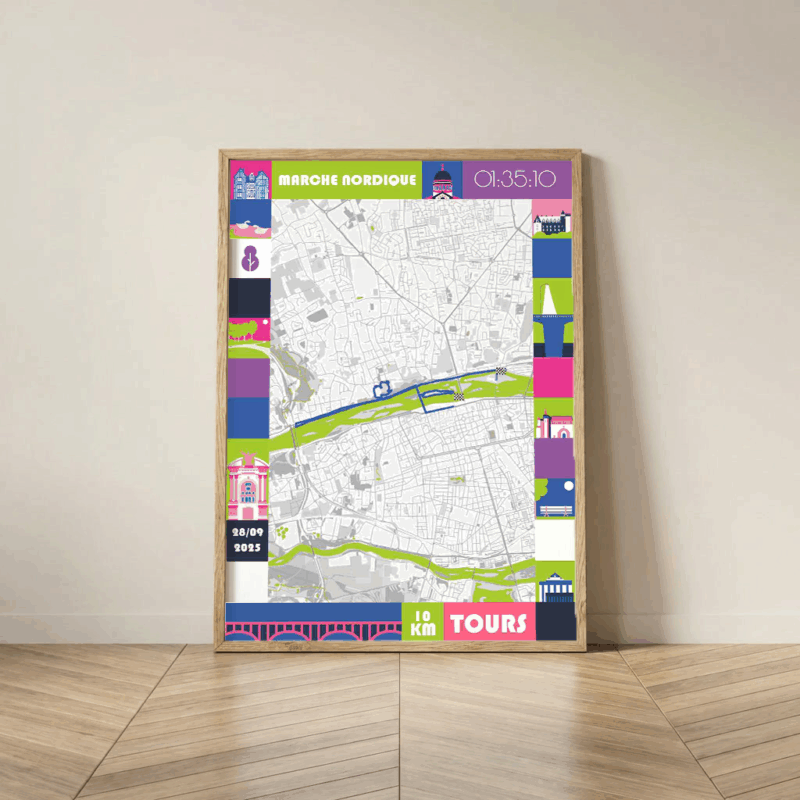 AFSRU00015-10kmNordique-Flashy_Mockup Cadre Bois Affiche carte 10km marche nordique de Tours
