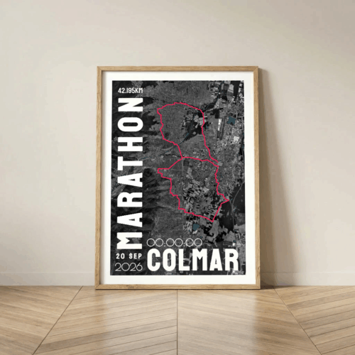 AFSRU00029_Cadre Bois_42.195km_Mockup_Affiche Noir&Rouge Marathon Colmar Affiche carte marathon de Colmar