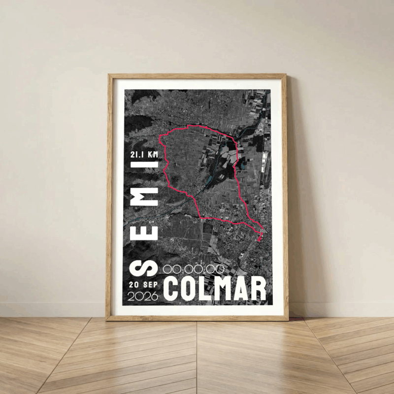 AFSRU00029b_Cadre Bois_42.195km_Mockup_Affiche Noir&Rouge Marathon Colmar Affiche carte semi-marathon de Colmar