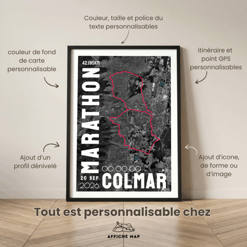 AFSRU0029_Cadre Noir_42.195km_MockupAvecTexte_Affiche Marathon Colmar Noir&Rouge Affiche carte marathon de Colmar