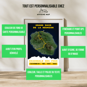 AFSTR007a - Cadre + personnalisation Affiche carte Grand Raid de la Réunion - Diagonale des Fous (175km)