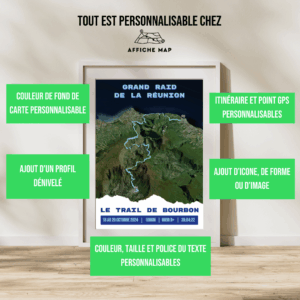 AFSTR007b - Cadre + personnalisation Affiche carte Grand Raid de la Réunion - Trail de Bourbon (100km)