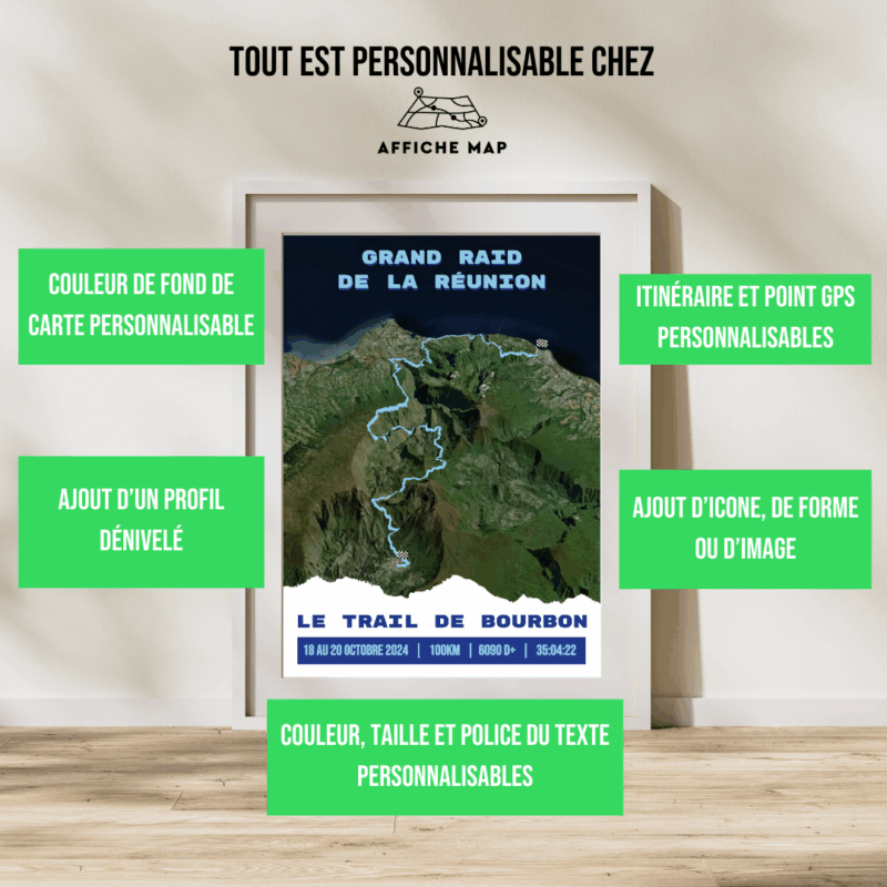 AFSTR007b - Cadre + personnalisation Affiche carte Grand Raid de la Réunion - Trail de Bourbon (100km)