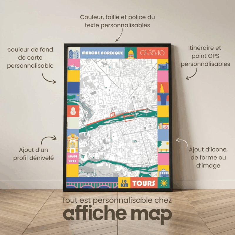 Affiche carte 10km marche nordique de Tours