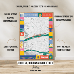 AFSRU0015-2025_Cadre Bois + personnalisation_10km_Affiche 10km de Tours Marche Nordique Pastel Affiche carte 10km marche nordique de Tours