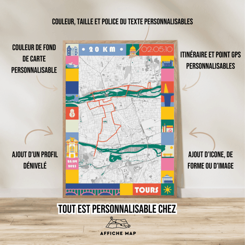 AFSRU0015-2025_Cadre Bois + personnalisation_20km_Affiche 20km de Tours Pastel Affiche carte 20km de Tours