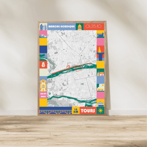 AFSRU0015-2025_Cadre Bois_10km_Affiche 10km de Tours Marche Nordique Pastel Affiche carte 10km marche nordique de Tours