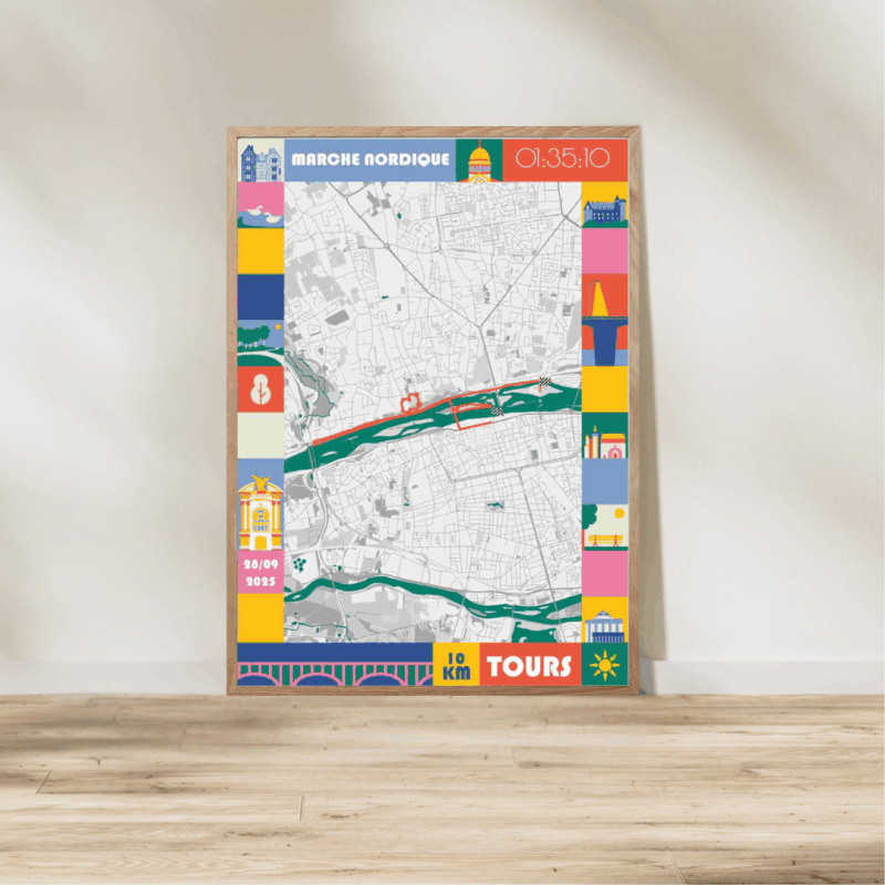 AFSRU0015-2025_Cadre Bois_10km_Affiche 10km de Tours Marche Nordique Pastel Affiche carte 10km marche nordique de Tours