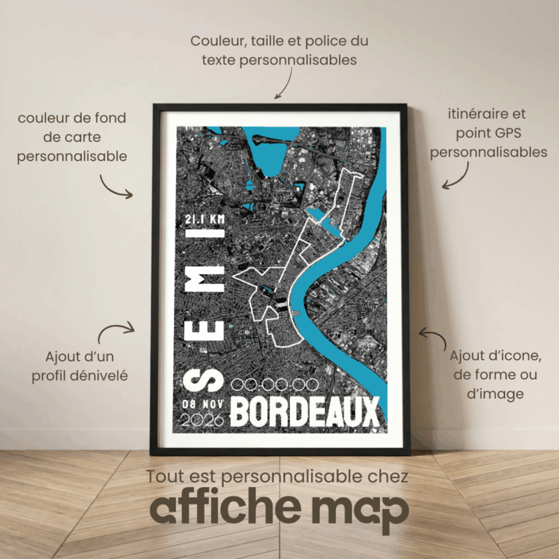 Affiche carte semi-marathon de Bordeaux