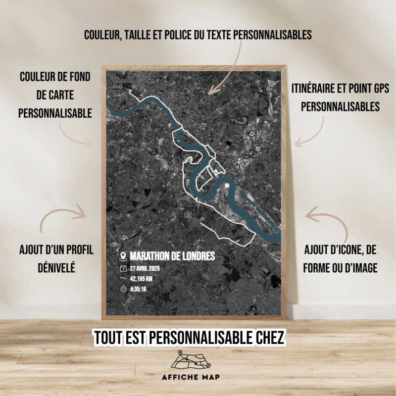 AFSRU0056a_Cadre Bois + personnalisation_42.195km_Affiche Marathon de Londres Affiche carte marathon Londres