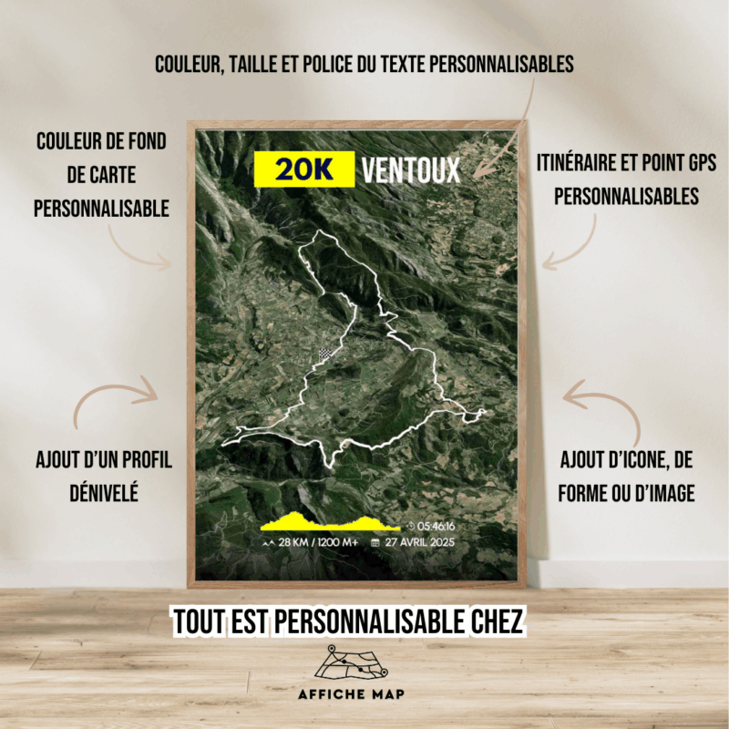 AFSTR0015d_Cadre Bois + personnalisation_28km_Grand Raid Ventoux 20K Affiche carte 20K Ventoux