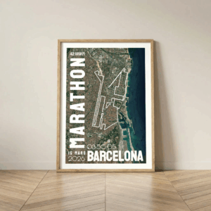 AFSRU00066_Cadre Bois_42.195km_Mockup_Affiche Marathon Barcelone FR Affiche carte marathon Barcelone