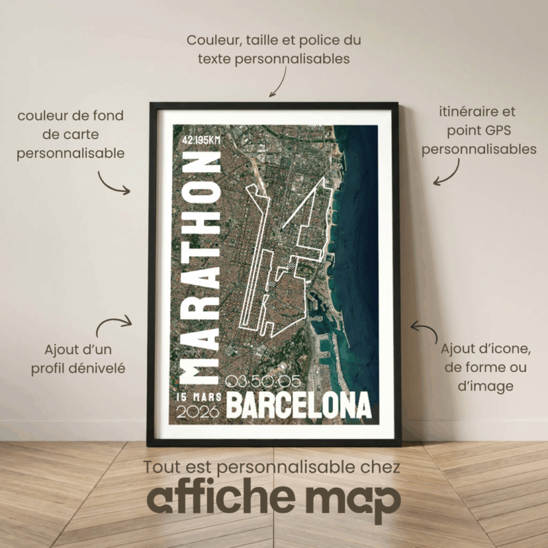 AFSTR00066_Cadre Noir_42.195km_MockupAvecTexte_Affiche Marathon Barcelone FR Affiche carte marathon Barcelone