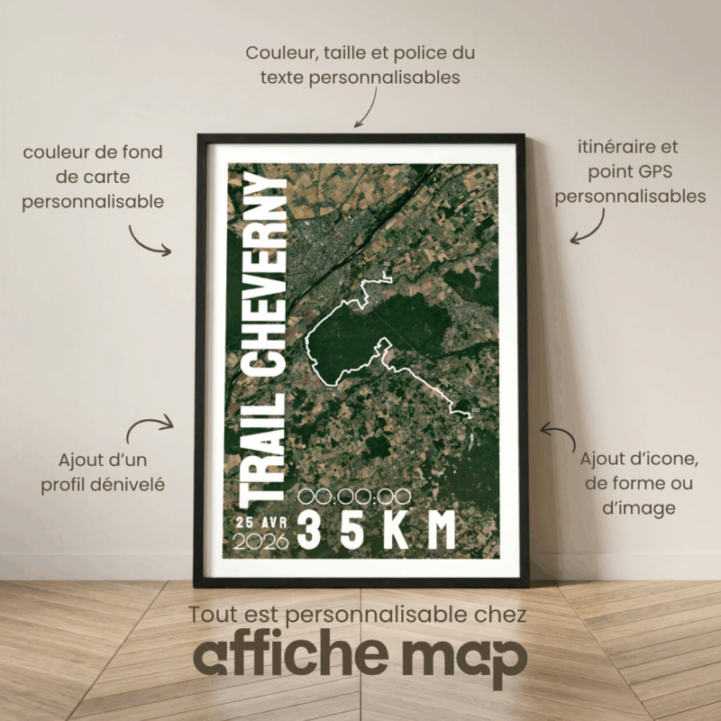 Affiche carte satellite Trail Cheverny 35km